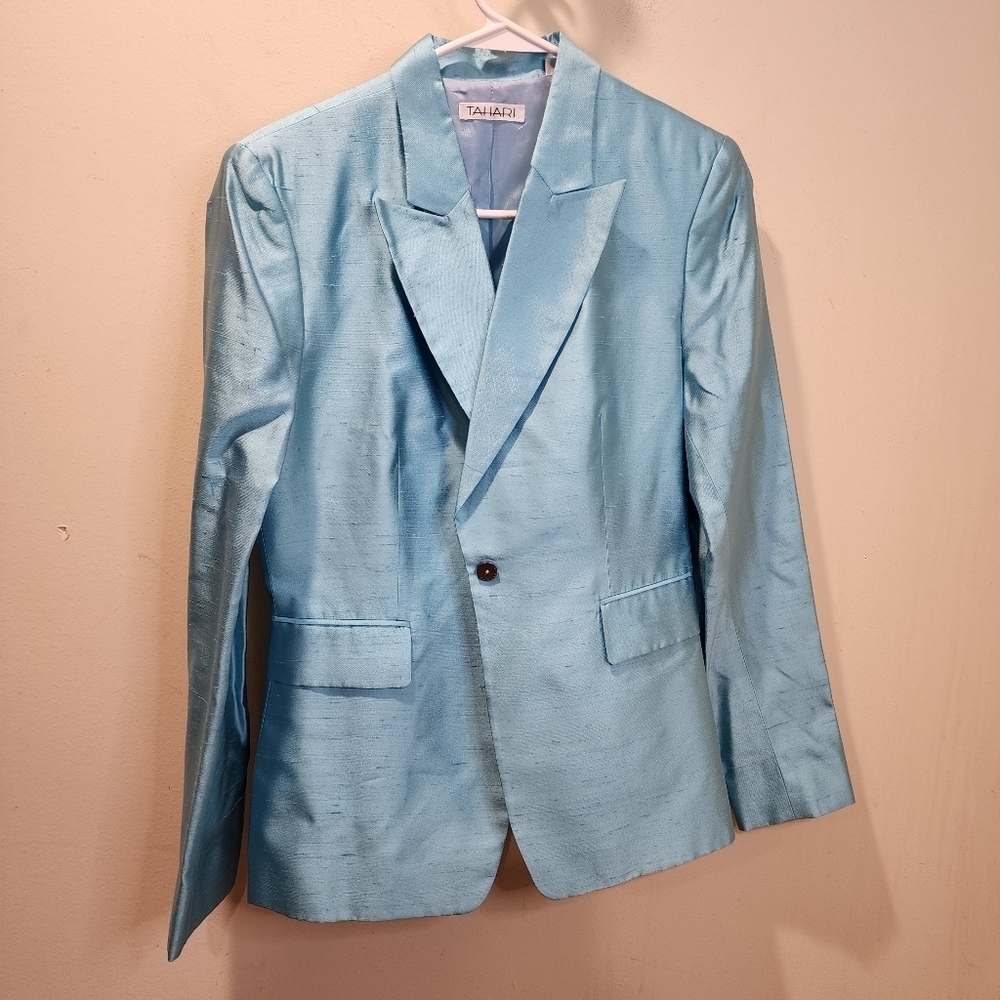 Tahari Blue Women's Blazer with Lustrous Sheen 100% Silk Size 10